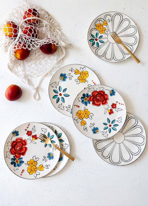 Hermia DNR0053 Platos de Postre de Porcelana 20x20x2 cm Juego de 6 Piezas